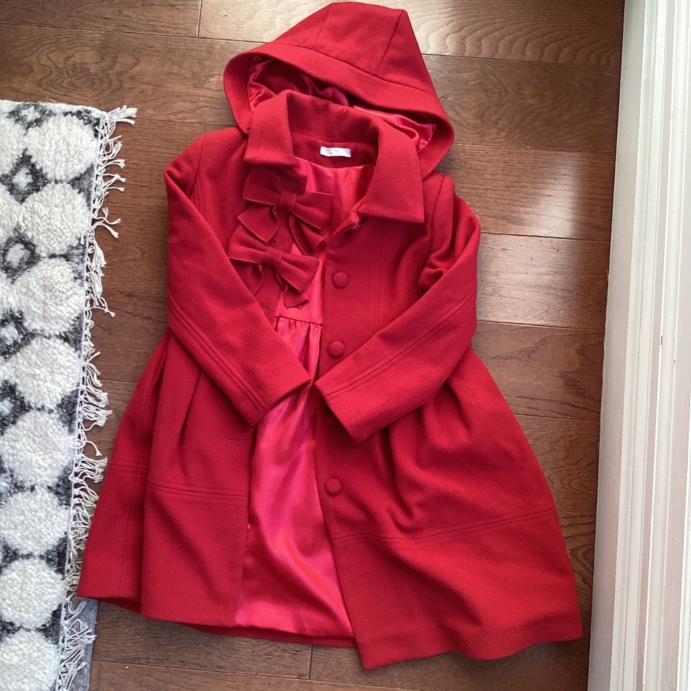 Red hooded girls wool coat, size 8